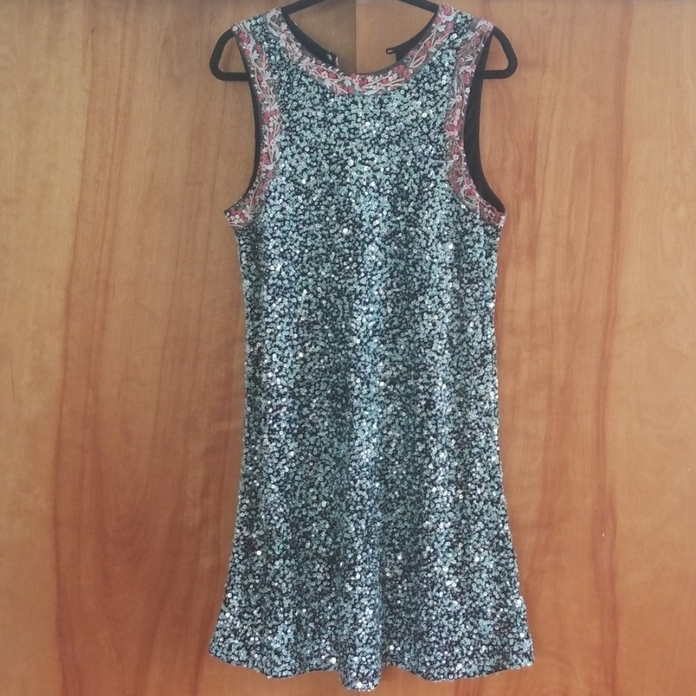 Anthropologie Silver Sequin Mini Dress with Pink Trim
